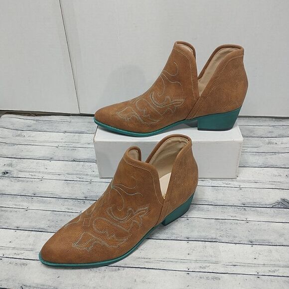 Jolimall Women SZ 11 Split Ankle Boot Cognac with Teal Soles Stitch Western . - Picture 1 of 10
